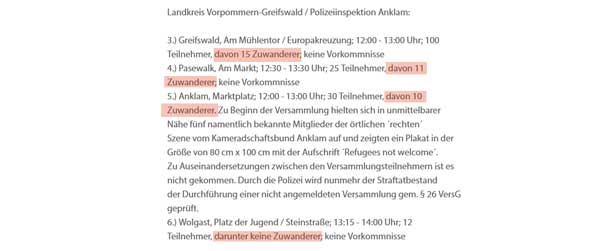 In ihrer Pressemitteilung listet die Polizei Teilnehmende und Zuwanderer auf Pressemitteilung der Polizei zu Afghanistan-Mahnwachen